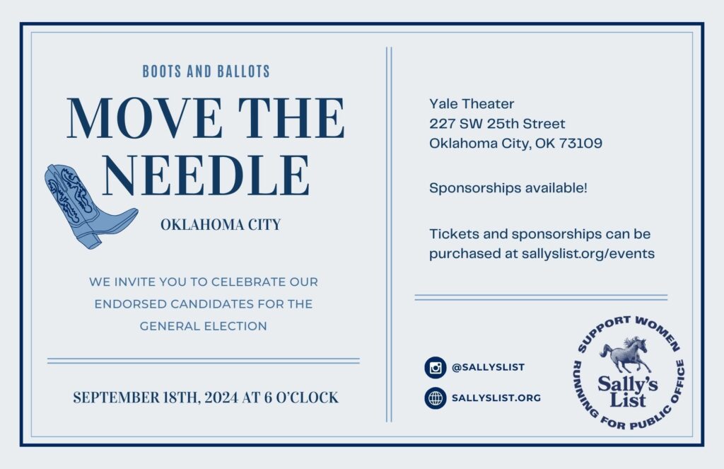 Move the needle fundraiser for Sally's List Endorsed Candidates in Oklahoma City, Oklahoma at the Yale Theater on September 18th.