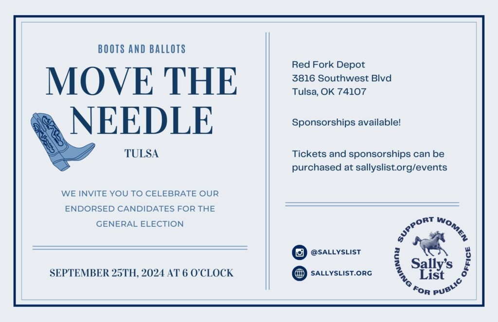 Move the needle fundraiser for Sally's List Endorsed Candidates in Tulsa, Oklahoma at the Red Ford Depot on September 25th.